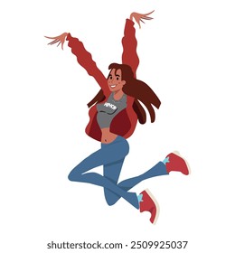 Bailarina interpreta hiphop. Intérprete en baile callejero freestyle. Mujer joven saltando en pose de hip hop. Movimientos modernos y contemporáneos para fiesta urbana. Ilustración vectorial aislada plana sobre fondo blanco.