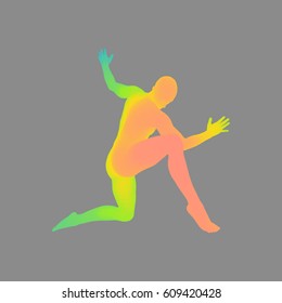 The dancer performs a dance on his knees. Silhouette of a Dancer. 3D Model of Man. Sport Symbol. Design Element. Vector Illustration. 
