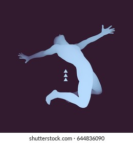 The dancer performs a dance on his knees. Silhouette of a Dancer. 3D Model of Man. Human Body. Sport Symbol. Design Element. Vector Illustration.