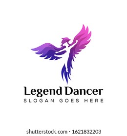 dancer with phoenix logo concept, legend dancer logo design vector template