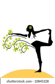 K?ng dancer pose silhouette with green flowers.