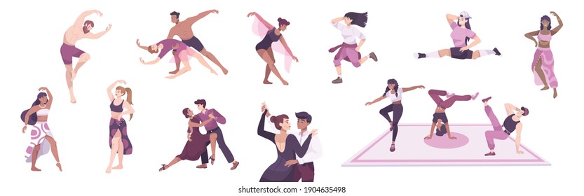 Juego de bailarinas con iconos planos y personajes de bailarinas solteras y en pares ilustraciones vectoriales