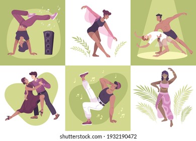 Dancer set of six flat compositions with people dancing to the music solo and in pairs vector illustration