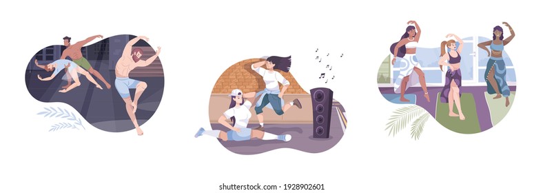 Dancer set of three flat compositions with groups of traditional oriental classical and modern young dancers vector illustration