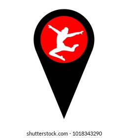 Dancer sign illustration. Vector. Flat white icon in red circle at black marker on white background. Isolated.