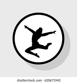 Dancer sign illustration. Vector. Flat black icon in white circle with shadow at gray background.