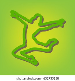 Dancer sign illustration. Vector. Green line icon with brown shadow at green-yellow background.