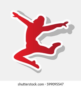 Dancer sign illustration. Vector. New year reddish icon with outside stroke and gray shadow on light gray background.