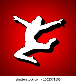 Dancer sign illustration. Vector. Perspective view of white icon with black outline at reddish background.