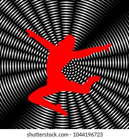 Dancer sign illustration. Vector. Red icon on white and black radial interference as background.