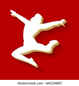 Dancer sign illustration. White button icon with wood color and shadow on dark red background.