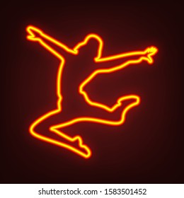 Dancer sign illustration. Yellow, orange, red neon icon at dark reddish background. Illumination. Illustration.