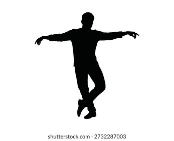 Icono de la silueta del bailarín en la pose dinámica del salto con los brazos extendidos y una pierna levantada Ilustración vectorial limpia para la danza, el funcionamiento, el ballet, la libertad, y los conceptos de la expresión artística.