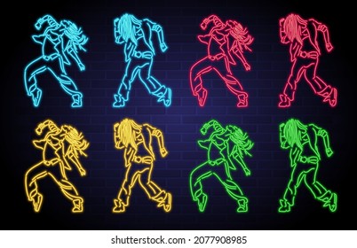 Dancer Silhouette Neon Light Set. Dance, Hip Hop, Dynamic, Advertising Design, Bright, Glowing Vector 