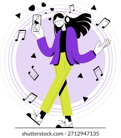 Dançarina com smartphone gosta de música enquanto se move em um ambiente vibrante em um momento divertido
