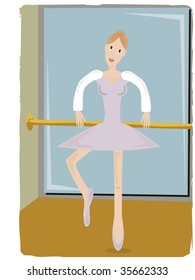 Dancer in studio practicing ballerina steps with pole and mirror