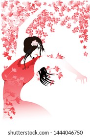 A dancer wearing red dress is dancing flamenco.