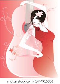 A dancer wearing red dress is dancing flamenco. The background is a guitar.