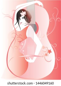 A dancer wearing red dress is dancing flamenco. The background is a guitar and flowers.