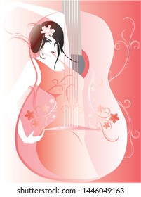 A dancer wearing red dress is dancing flamenco. The background is a guitar and flowers.