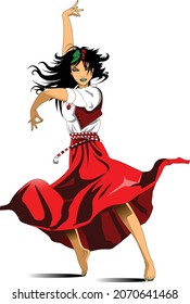 Dancer in white blouse and red skirt dancing flamenco dance, illustration