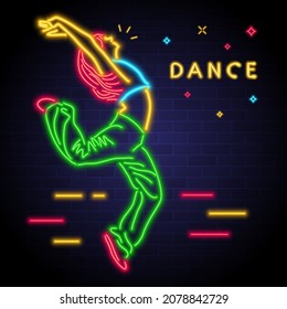 Dancer Woman Silhouette Neon Light. Emotional Young Person Dancing 
