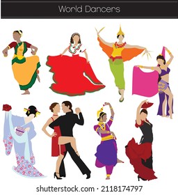 Dancers from around the world. India, Mexico, Thailand, Middle East, Japan, Spain, Argentina. Bharatnatyam, Odissi, Belly Dance, Tango, Flamenco, Kabuki