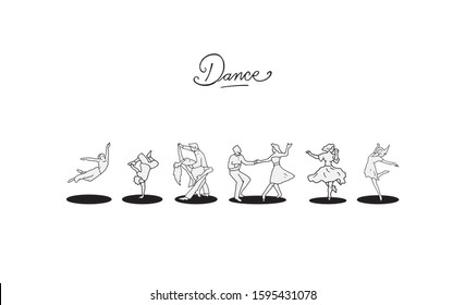 Dancers arranged in line dancing different dance, simple illustration set. People having fun and expressing emotions, hand drawn collection. Dance letters in the title representing way to recreation.