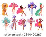 Dancers of Brazilian carnival in Rio de Janeiro set. Female and male characters in exotic costumes with feathers dancing latin dances at samba and cabaret, fashion party cartoon vector illustration