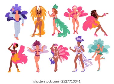 Conjunto de bailarines del carnaval brasileño en Río de Janeiro. Personajes femeninos y masculinos con trajes exóticos con plumas bailando bailes latinos en samba y cabaret, Ilustración vectorial de dibujos animados de fiesta de moda