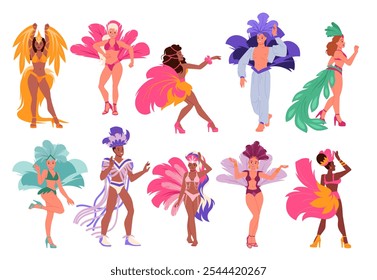 Conjunto de bailarines del carnaval brasileño en Río de Janeiro. Personajes femeninos y masculinos con trajes exóticos con plumas bailando bailes latinos en samba y cabaret, Ilustración vectorial de dibujos animados de fiesta de moda