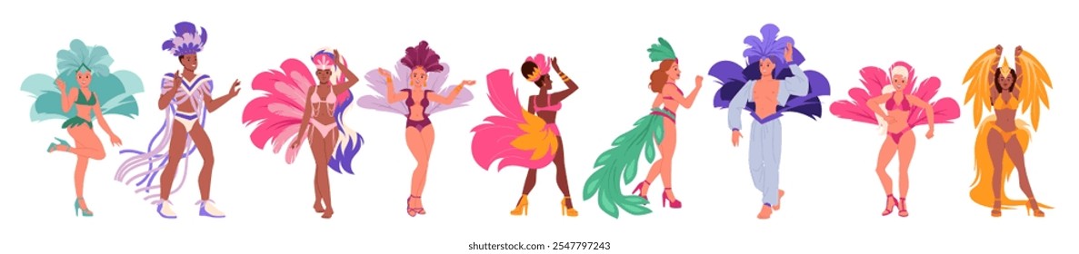 Bailarines del carnaval brasileño en Río de Janeiro. Personajes femeninos y masculinos con trajes exóticos con plumas bailando bailes latinos en samba y cabaret, dibujos animados de fiestas de moda