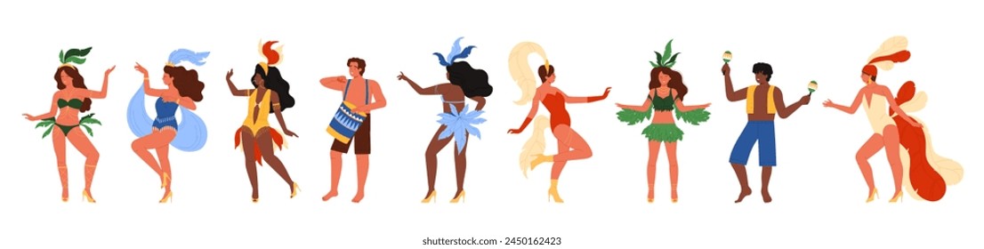 Dancers of Brazilian carnival set. Happy people in festival burlesque costumes and plumage dancing at night party in Brazil, celebration and Latin dance of man and woman cartoon vector illustration