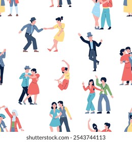 Dancers characters seamless pattern. Flat dance couples and single. Funny actors, design for fabric wrapping wallpaper, vector background