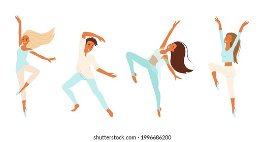 Dancers, cheerful people dancing, girls and boy engaged in modern dance, vector set of cartoon characters, flat people isolates.
