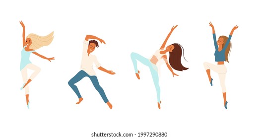 Dancers, cheerful people dancing, girls and boy engaged in modern dance, vector set of cartoon characters, flat people isolates.