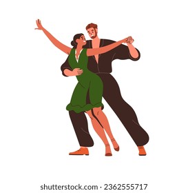 Dancers couple dancing. Happy young man and woman duet performing, moving to music. Modern male and female partners, pair in movement, action. Flat vector illustration isolated on white background
