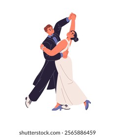 Dancers couple performs with waltz. Elegant partners in dress, suit dance together. Pair of performer move with music. People do choreography. Flat isolated vector illustration on white background