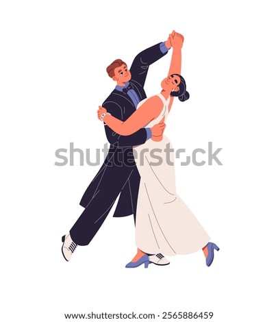 Dancers couple performs with waltz. Elegant partners in dress, suit dance together. Pair of performer move with music. People do choreography. Flat isolated vector illustration on white background