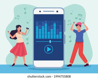 pareja de bailarines y personajes de smartphones