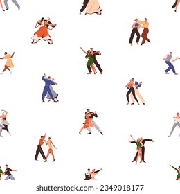 Dancers couples, seamless pattern. People, man and woman pairs, partner dances styles. Endless choreography background, repeating print. Flat vector illustration for textile, fabric, wallpaper