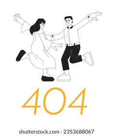 Dancers dancing black white error 404 flash message. Modern choreography. Happy people. Monochrome empty state ui design. Page not found popup cartoon image. Vector flat outline illustration concept