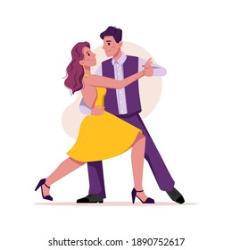 Dancers dancing in club or party modern dance isolated flat cartoon characters. Vector woman on high heels in yellow dress and man in purple suit on disco entertainment, stylish retro dancers