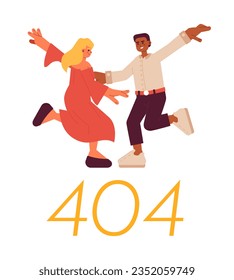 Dancers dancing error 404 flash message. Hobby. Modern choreography. Happy people. Empty state ui design. Page not found popup cartoon image. Vector flat illustration concept on white background