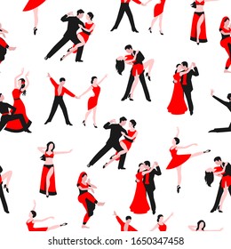 Bailarinas o fiesta de baile sin fisuras, ilustración vectorial. Viñeta bailando parejas hombres y mujeres aislados de fondo blanco. El tango, el vals o la salsa son bailes retro o clásicos.