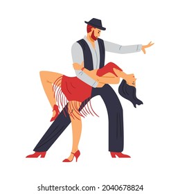 Dancers Dancing Salsa Or Tango, Flat Vector Illustration Isolated On White Background. Salsa Latin American Performers Characters For Party Or Dance Club Invitation.