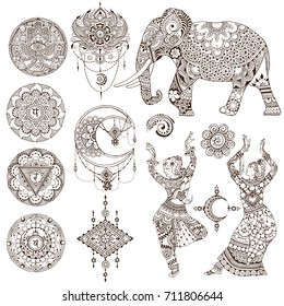 Dancers, elephant, mandalas, chakras, hamsa painted in the mehendi style. Set of elements on white background.