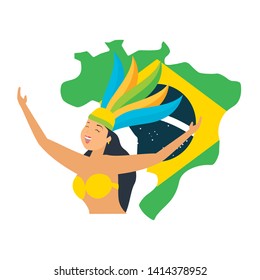 dancers exotic feathers flag map brazil carnival vector illustration