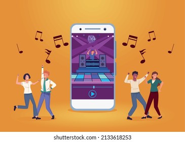grupo de bailarines con personajes de celulares