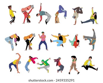 Bailarines hip hop, breakdance contorno dibujos de Vector de colores aislados sobre fondo blanco. Conjunto de chicas adolescentes y chicos jóvenes que bailan el baile callejero estilo libre. 